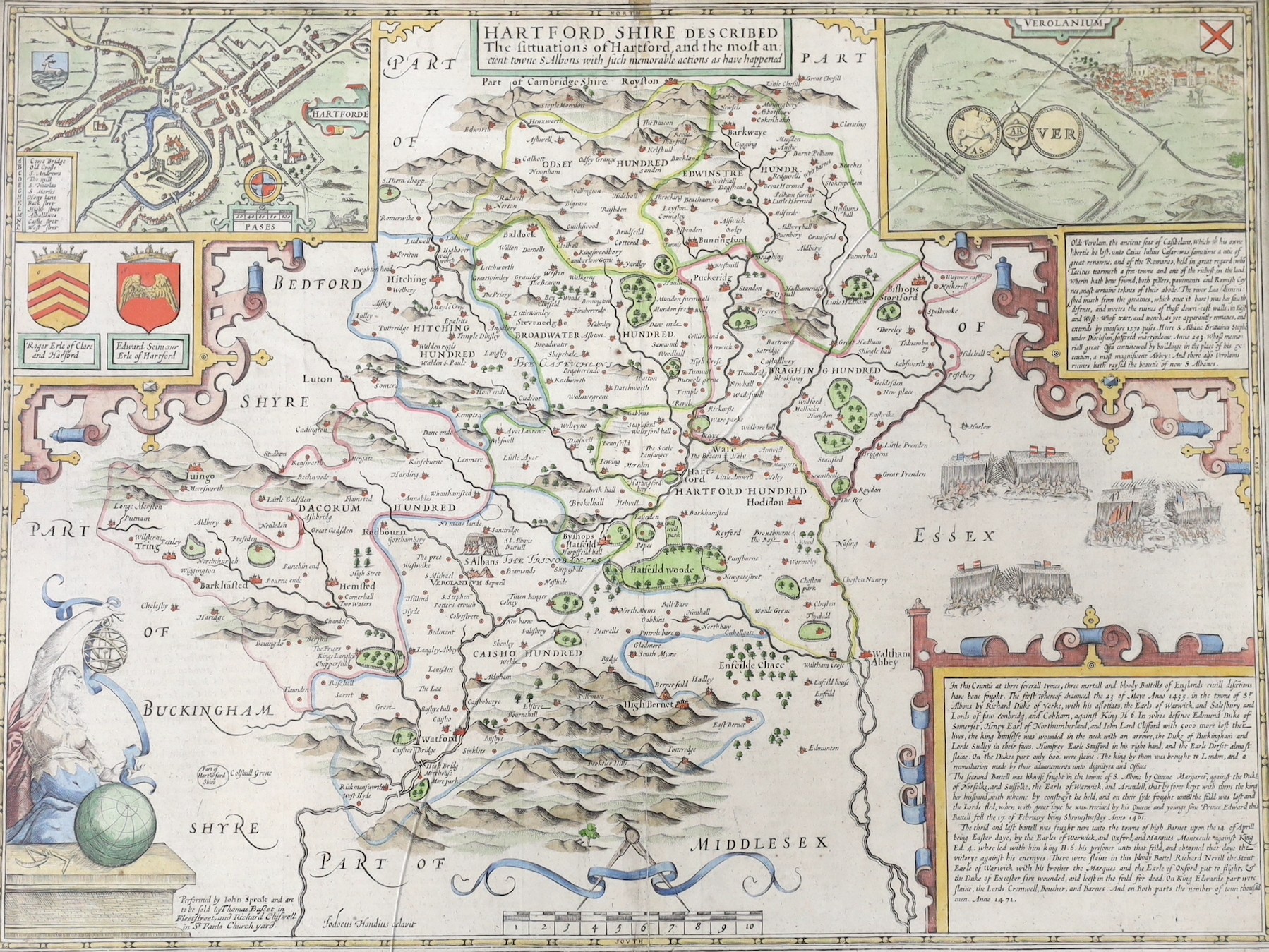 John Speede, coloured engraving, map of Hertfordshire, 39 x 50cm